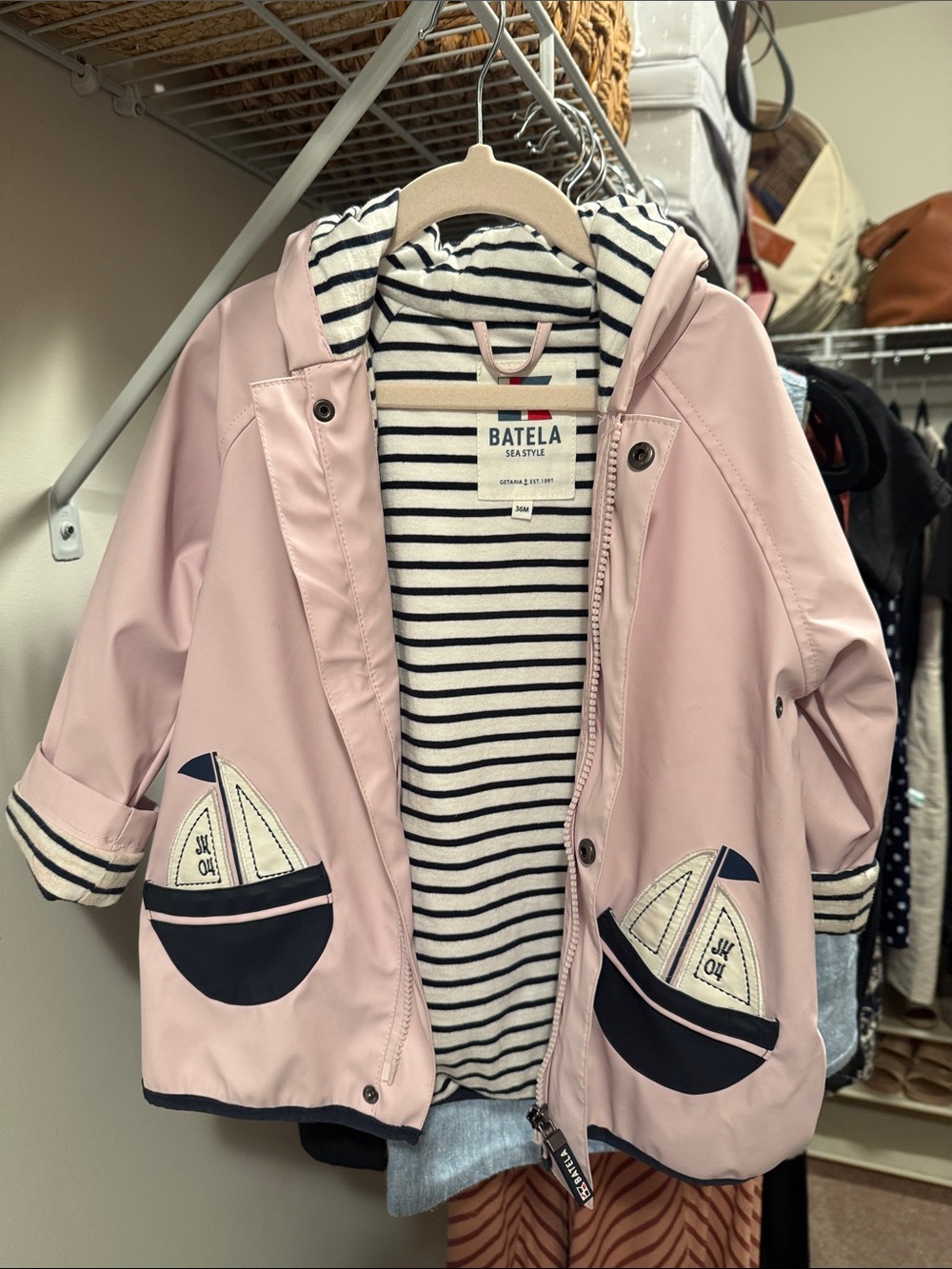 Batela 3T Pink Raincoat with Navy Sailboat Pockets striped lining